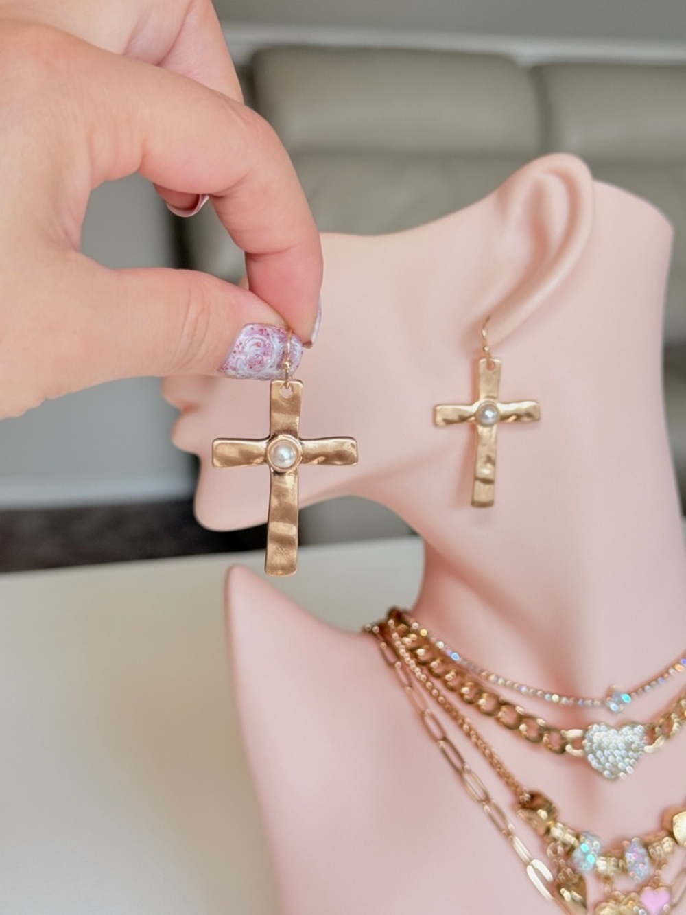 Gold Cross Dangle Earring with Center Accent - Picture 4 of 11